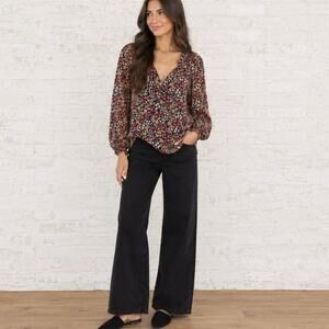 Hale Bob Floral Melani Blouse Balloon Sheer Sleeves Boho Flowy Size Small